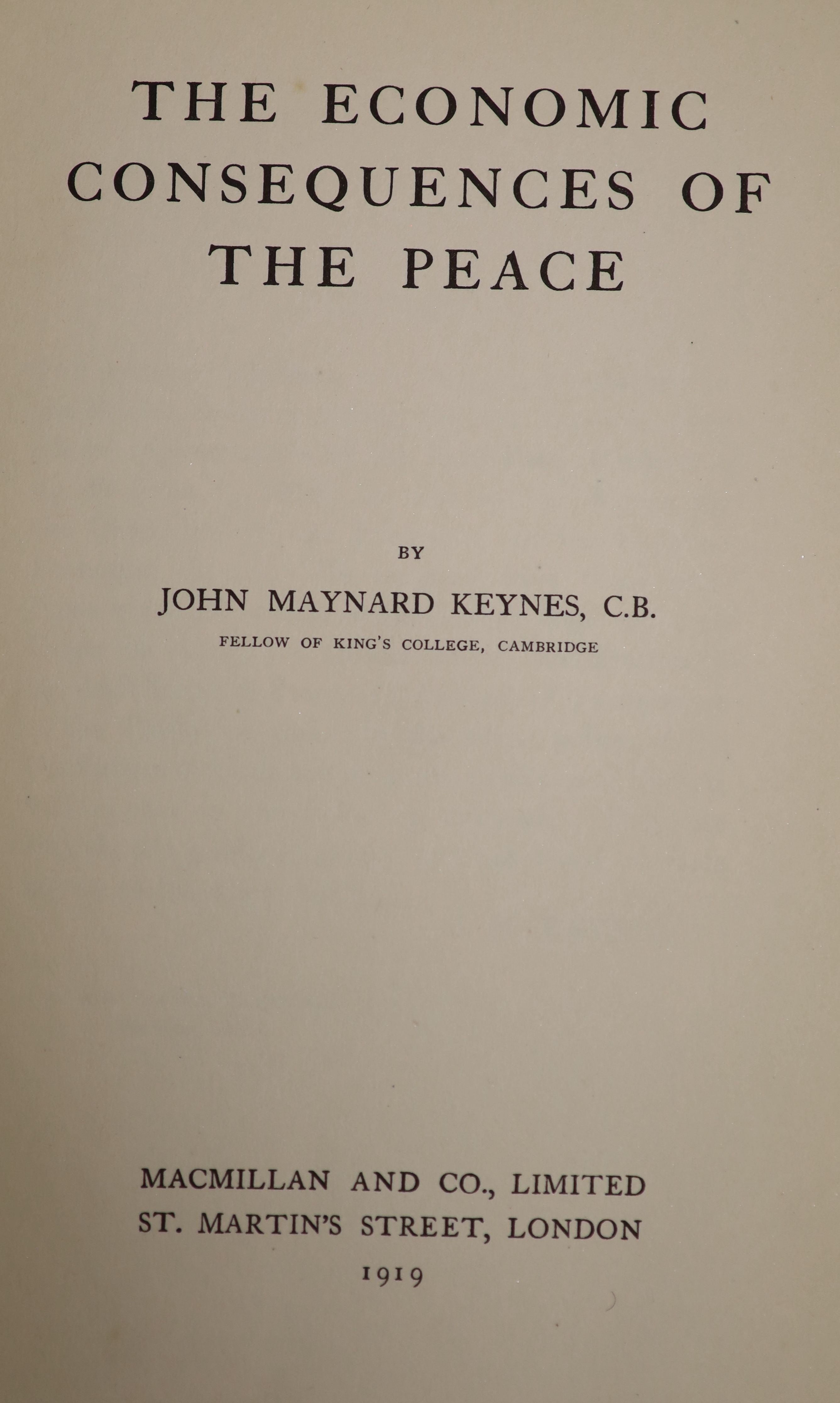 Keynes, John Maynard, 1st Baron - The Economic Consequences of the Peace, 1st edition, 8vo, original cloth, owners inscription to front free endpaper, dated 1919, Macmillan, London, 1919